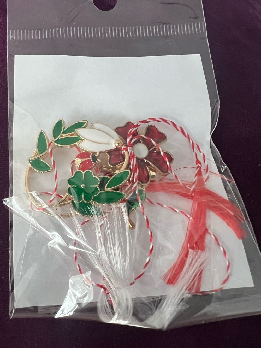 Romanian “mărțișor” Floral Enamel Charm with Red & Green Tassels